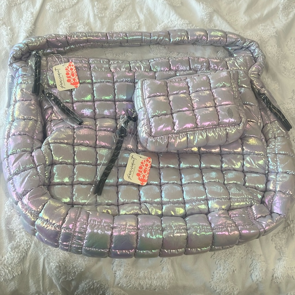 NWT Free People Limited Edition Iridescent Quilted Carryall + Mini Case